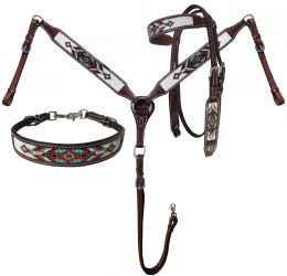 Showman Argentina Cow Leather 3 Piece Headstall and breast collar set with brown and teal navajo beaded inlay